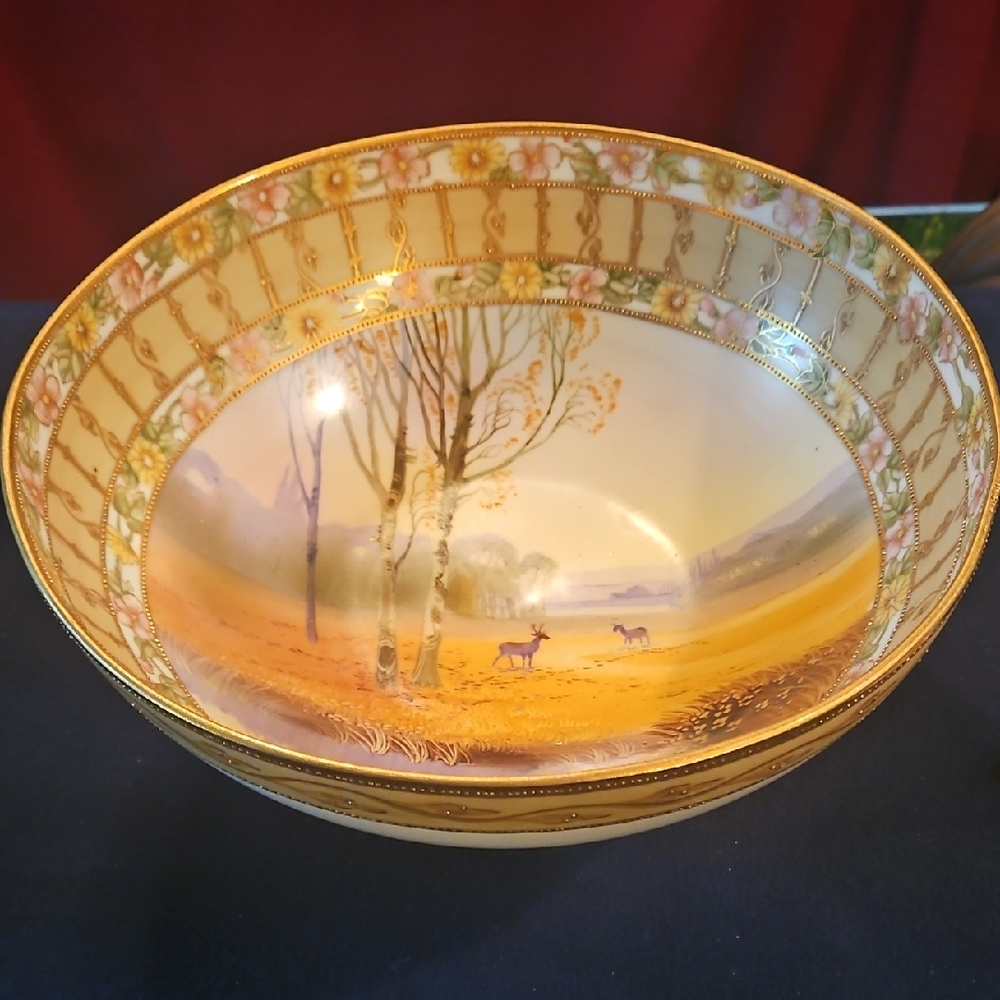 1910 Antique Original Hand Painted Japanese Porcelain Center Bowl & Saucers
